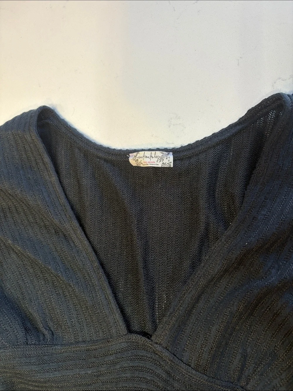 Free People Black Ribbed Long-Sleeve V-Neck Top